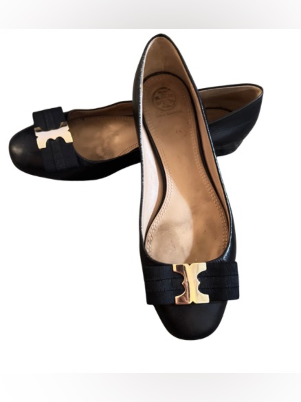 Tory Burch Gemini Link Bow Black Leather Ballet Flats Size 8.5 Classic Logo Cute